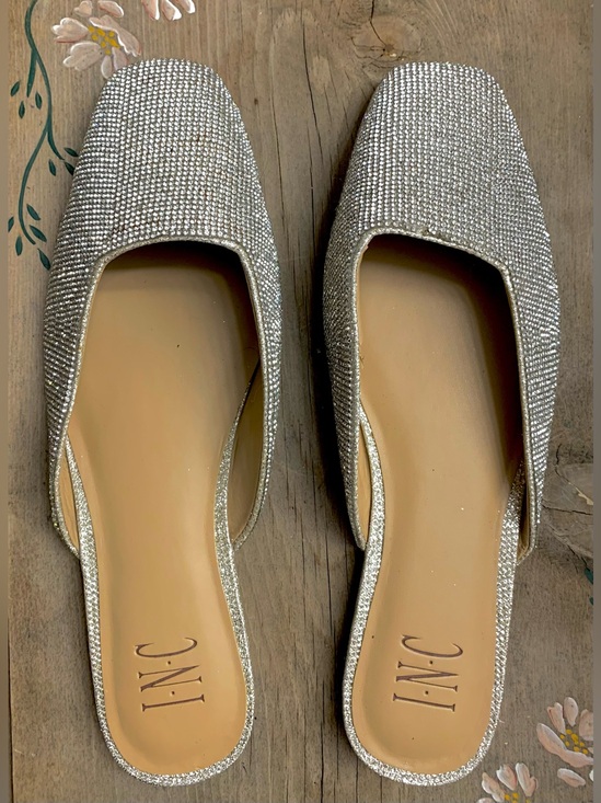 INC International Concepts Shoes - INC International Concepts Silver Rhinestone Slip-On Mules